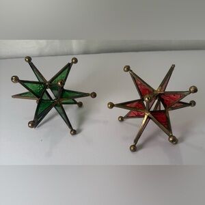 Set Of Two Vintage Moravian Star Stained Glass Dimensional Ornaments